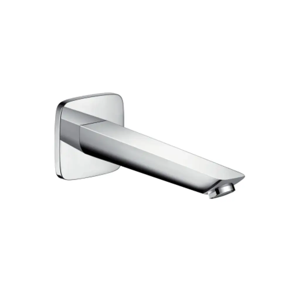 Wandmontierter Wanneneinlauf aus verchromtem Metall von Hansgrohe mit gerader, quadratischer Form und runder Wasserablauföffnung.